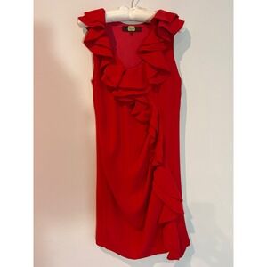 Eva Franco Flirty Red Ruffle V Neck Sleeveless Sheath Dress Size 6 Party Salsa